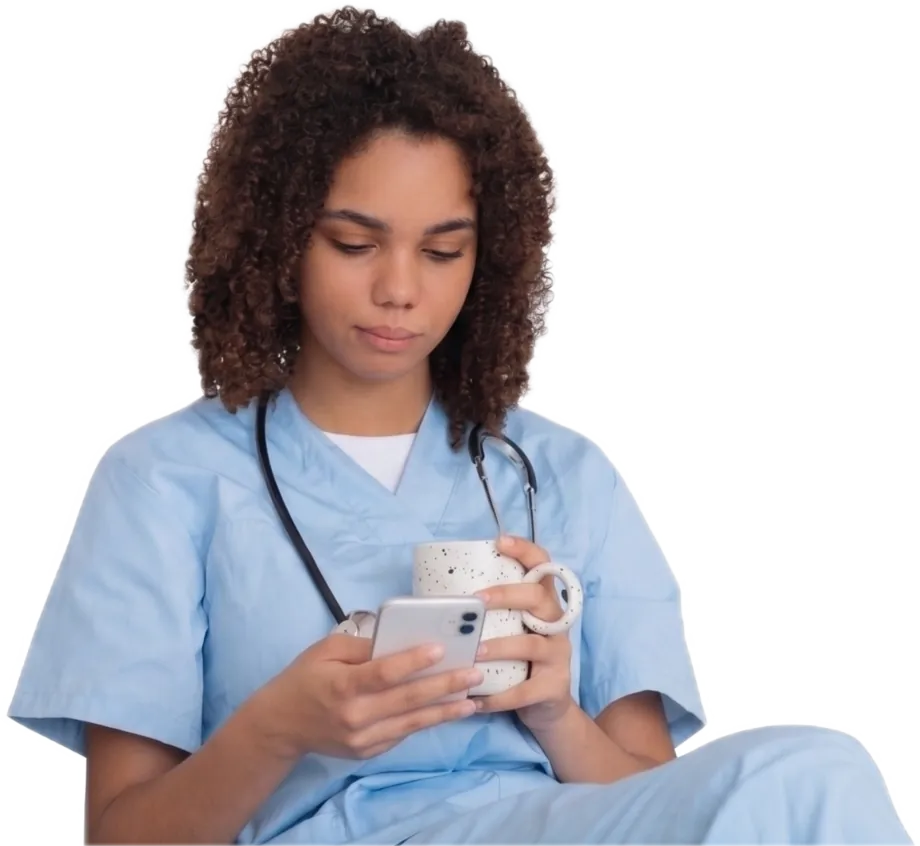 Une infirmière lit un message de son patient sur son téléphone